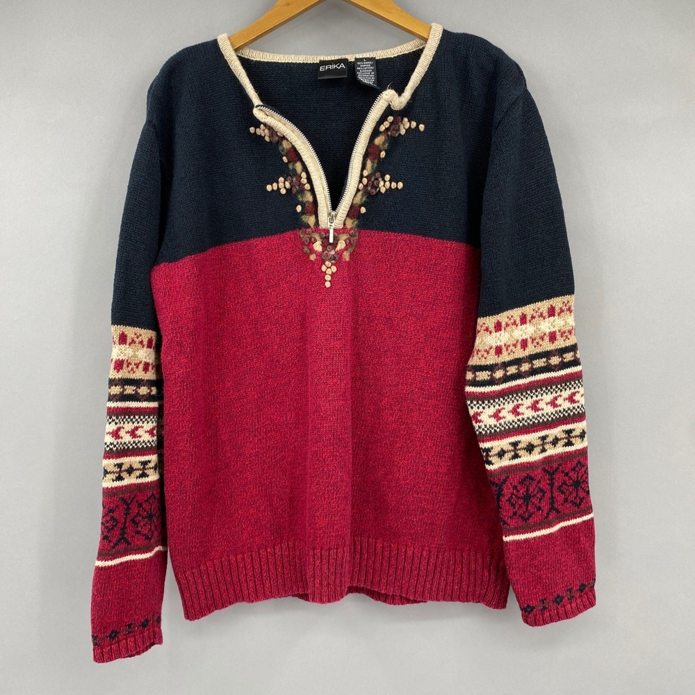 Vintage 90s Erika Quarter Zip Sweater Womens Large Floral Fair Isle Red Boho